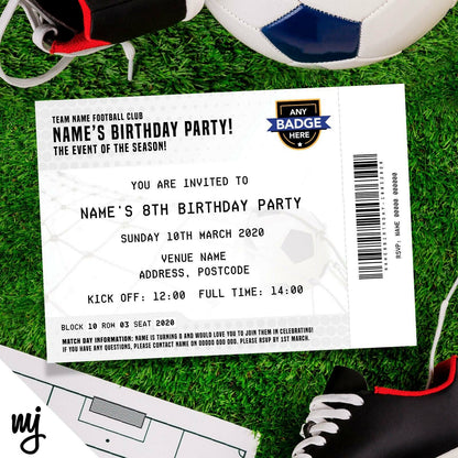 Personalised White Football Ticket Style Invitations | Kids/adults