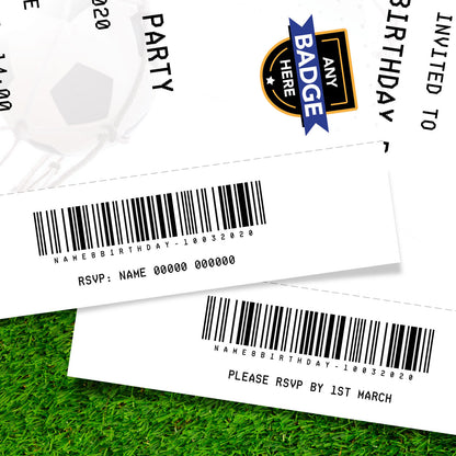 Personalised White Football Ticket Style Invitations | Kids/adults