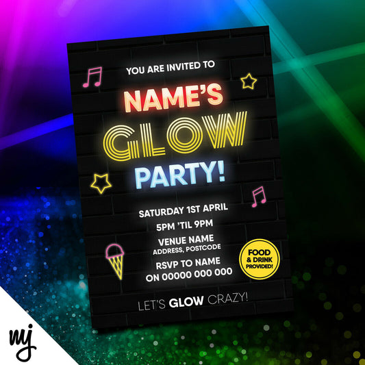 Personalised Glow Neon Lights Party Invitations For Boys/girls | Any Info!