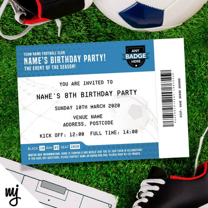 Personalised Light/sky Blue Football Ticket Style Invitations | Kids/adults