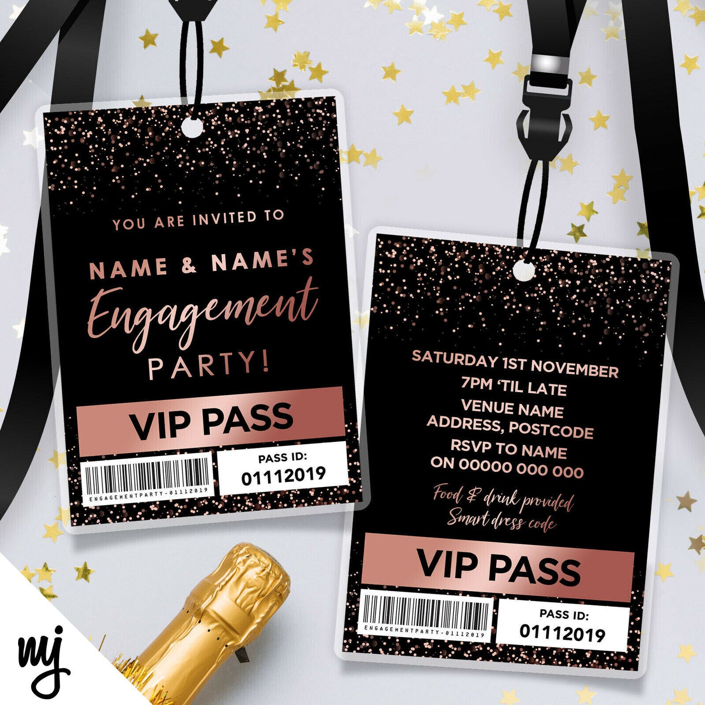 Personalised Engagement Party Vip Passes Lanyards | Black Rose Gold Glitter