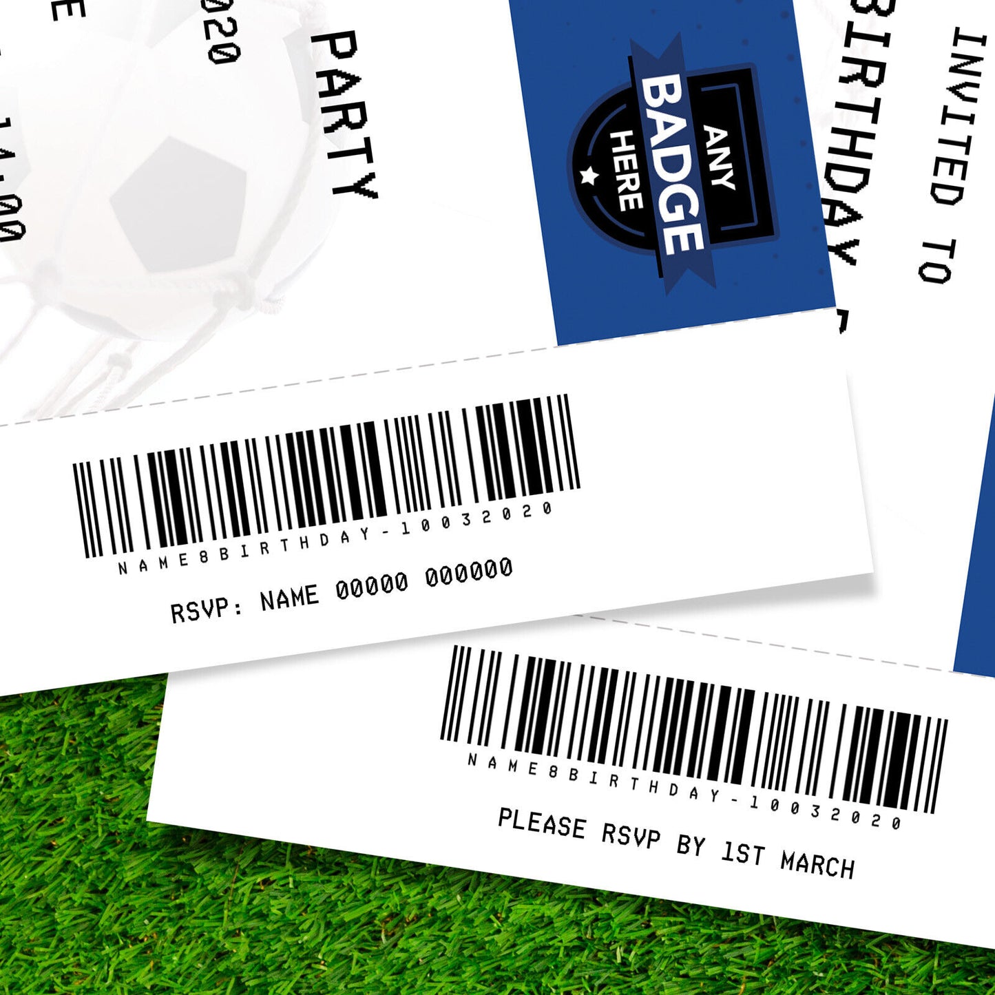 Personalised Blue Football Ticket Style Invitations | Kids/adults