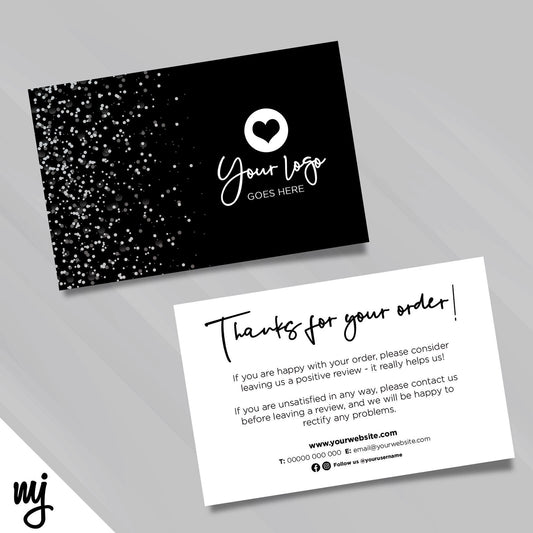 Custom Printed Ebay/etsy Thank You Cards | Black White Glitter Style Design