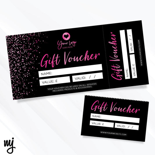 Custom Printed Gift Vouchers | Perforated | Black Hot Pink Glitter Style Design