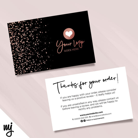 Custom Printed Ebay/etsy Thank You Cards | Black Rose Gold Glitter Style Design