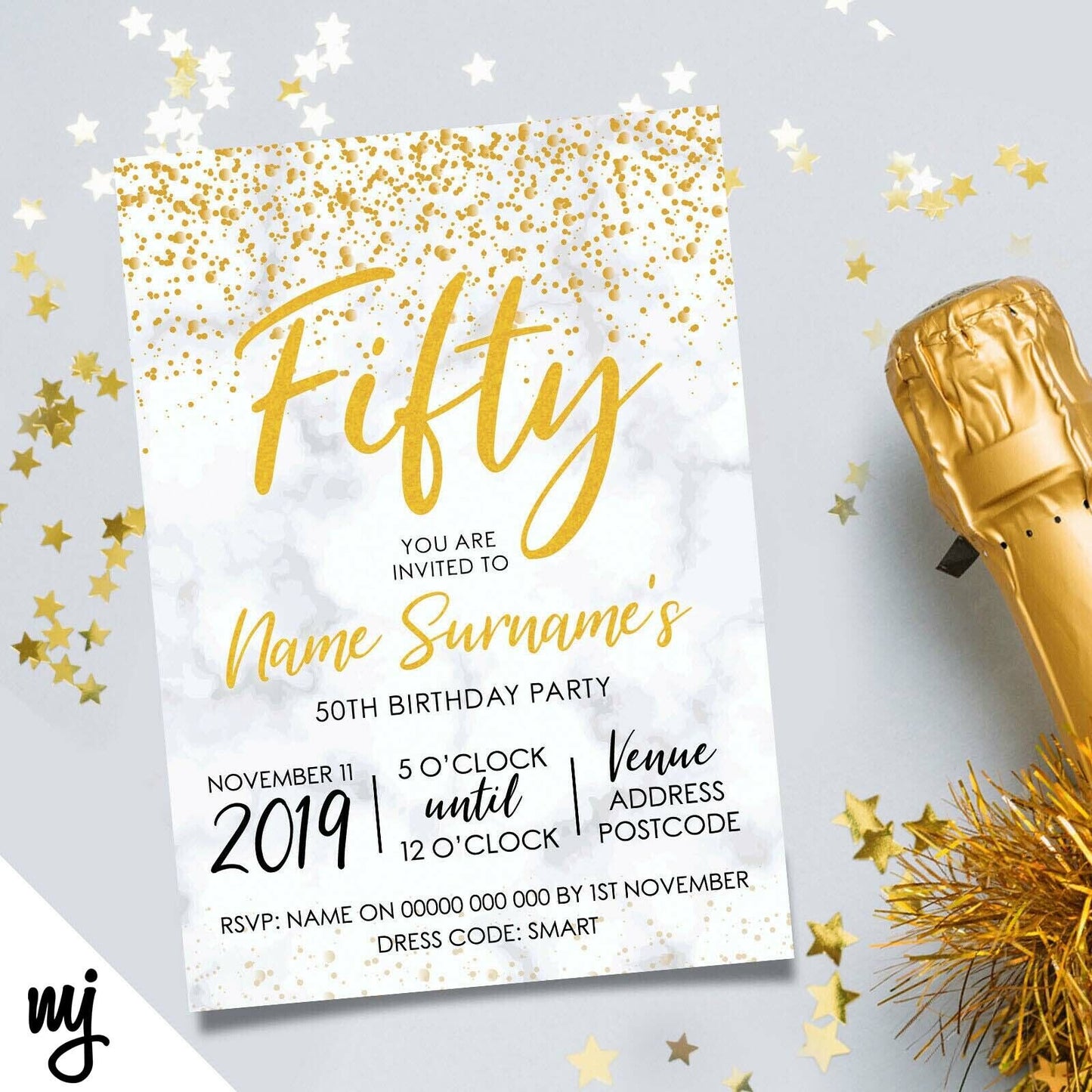 Personalised 50th Birthday Party Invitations | Marble Gold Glitter Style