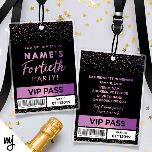 40th Birthday Vip Passes & Lanyards | Black Purple Glitter