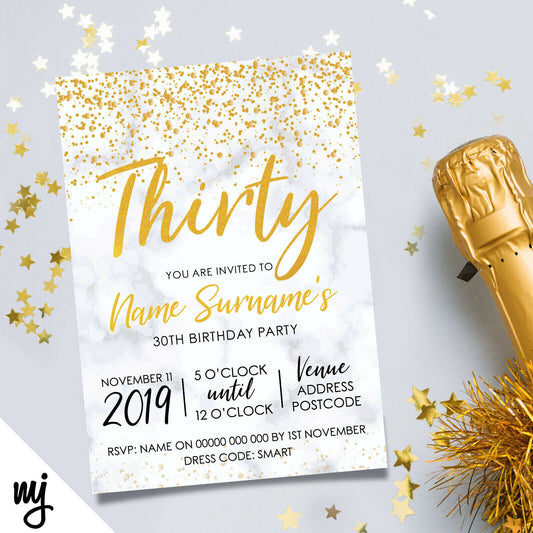 Personalised 30th Birthday Party Invitations | Marble Gold Glitter Style