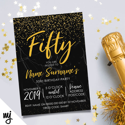 Personalised 50th Birthday Party Invitations | Black Marble Gold Glitter Style