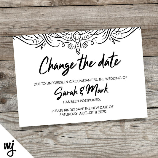 Personalised Wedding Change The Date Postponed Cards | B&w White Pattern Fancy