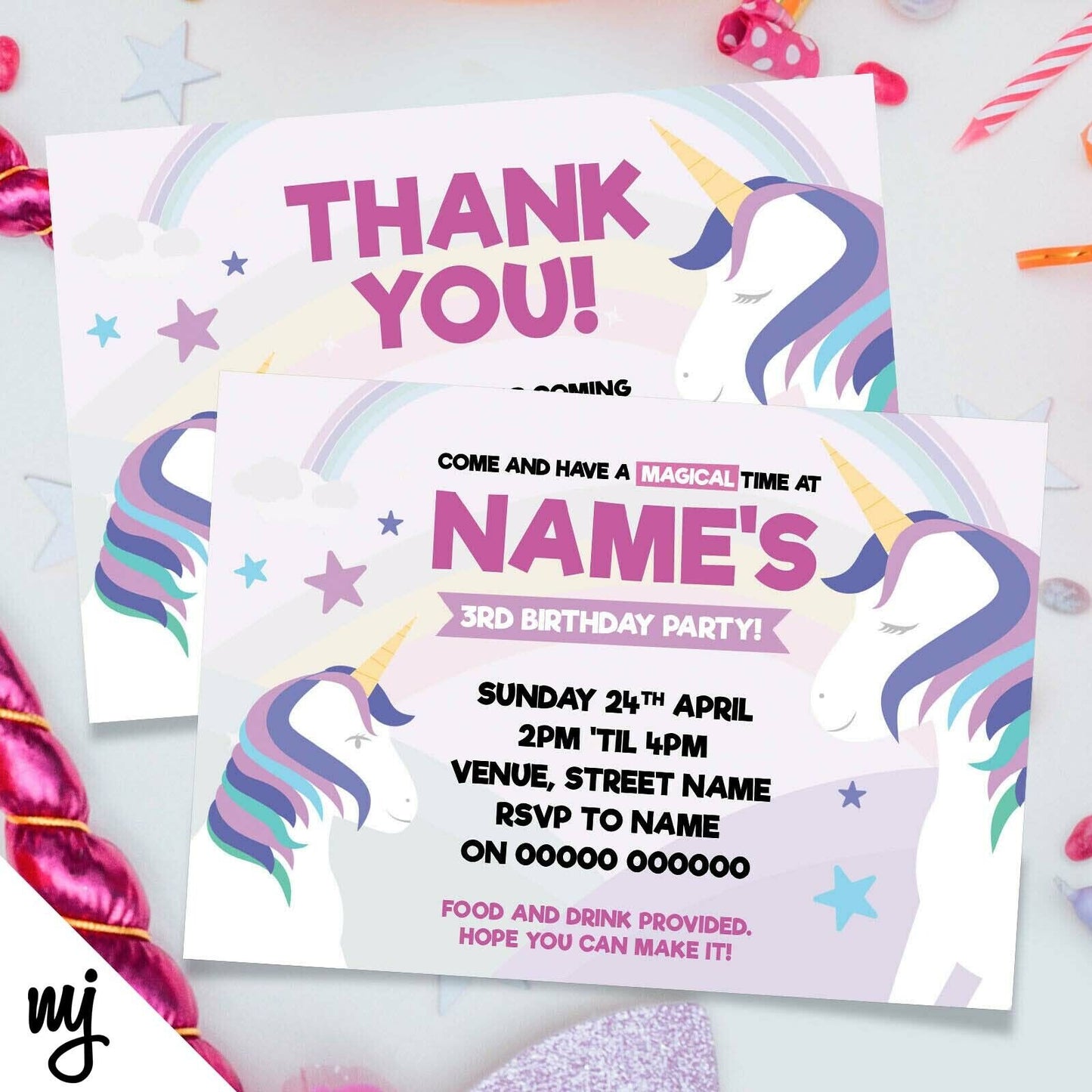 Personalised Unicorn Cute Magical Princess Party Invitations + Thank You Cards