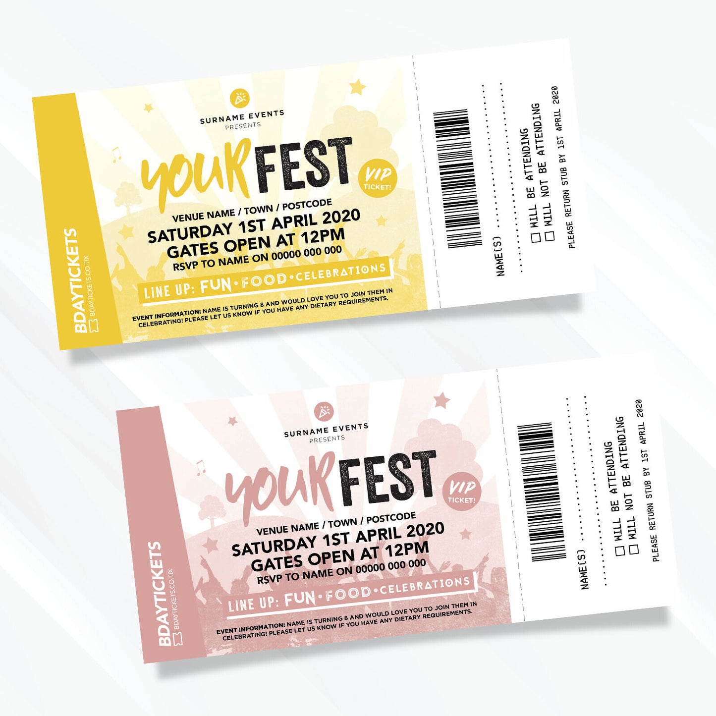 Personalised Festival Vip Ticket Style Party Invitations | Perforated Stubs