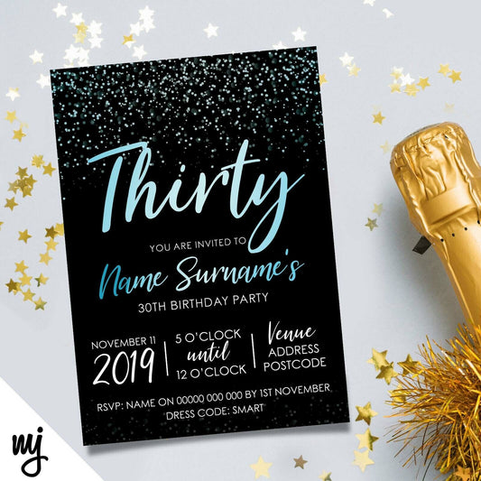 Personalised 30th Birthday Party Invitations | Black Blue Glitter Style