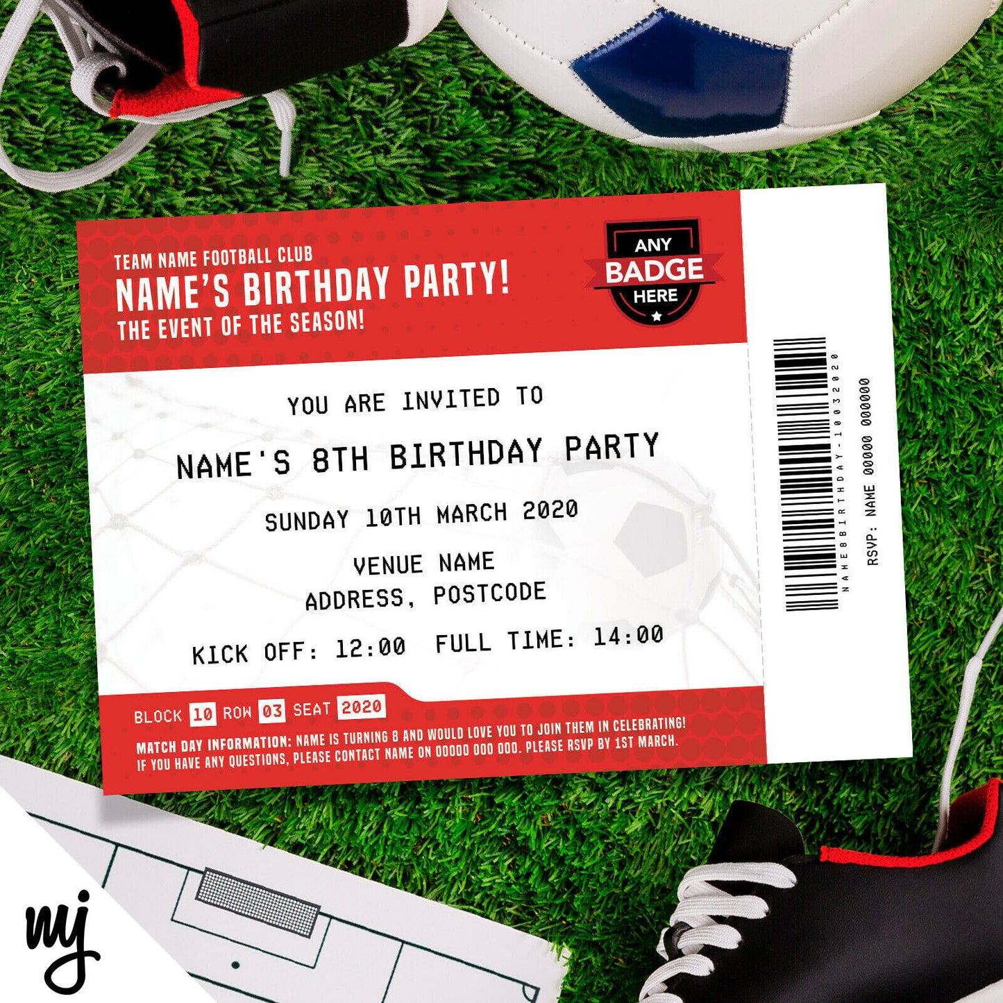 Personalised Red Football Ticket Style Invitations | Kids/adults