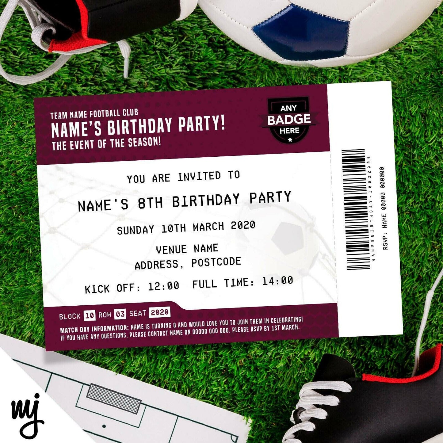 Personalised Maroon Football Ticket Style Invitations | Kids/adults