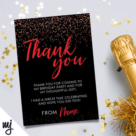 Personalised Party Thank You Cards | Black Red Glitter | Any Message!