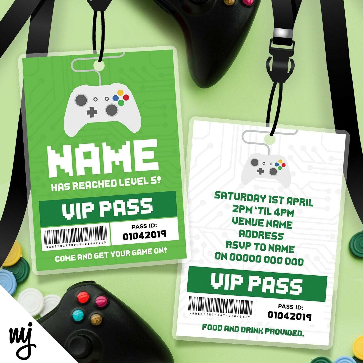 Personalised Game Gaming Controller Green Passes Lanyards / Invites