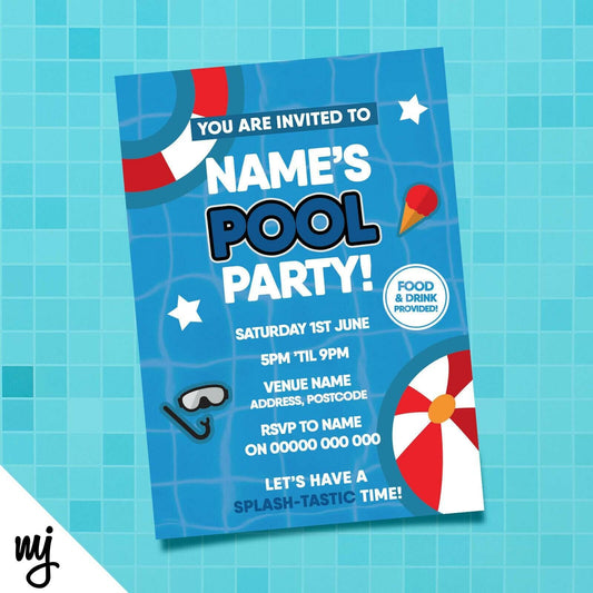 Personalised Pool Party Style Invitations & Thank You Cards | Kids/adults!