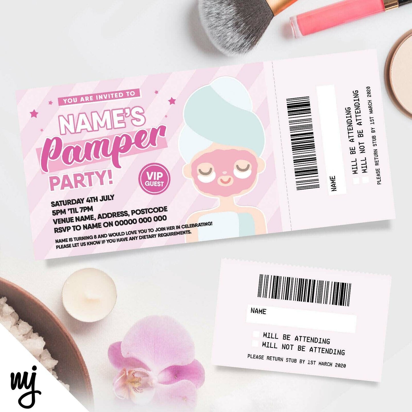 Personalised Pamper Party Ticket Style Birthday Invitations | Perforated Stub