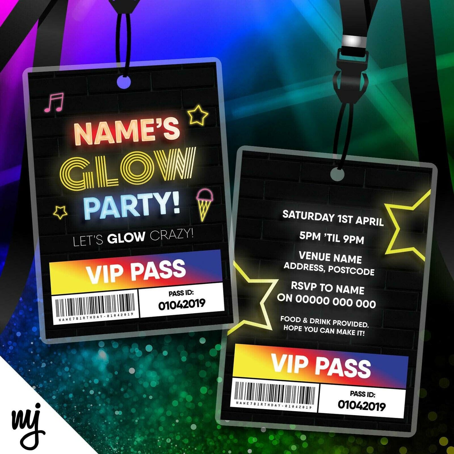 Personalised Glow Neon Lights Party Vip Passes Lanyards / Invitations