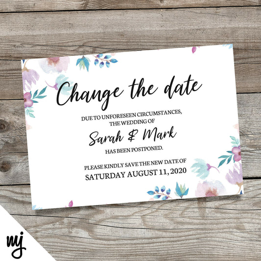 Personalised Wedding Change The Date Postponed Cards | Pink Purple Flowers 1