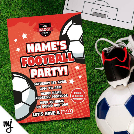 Personalised Red Football Team Style Party Invitations & Thank You Cards