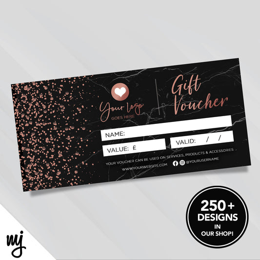 Custom Printed Business Gift Vouchers | Black Marble Rose Gold Modern