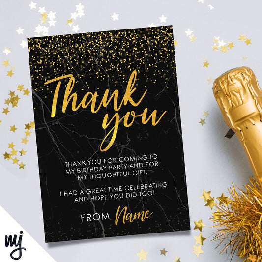 Personalised Party Thank You Cards | Black Marble Gold Glitter Style