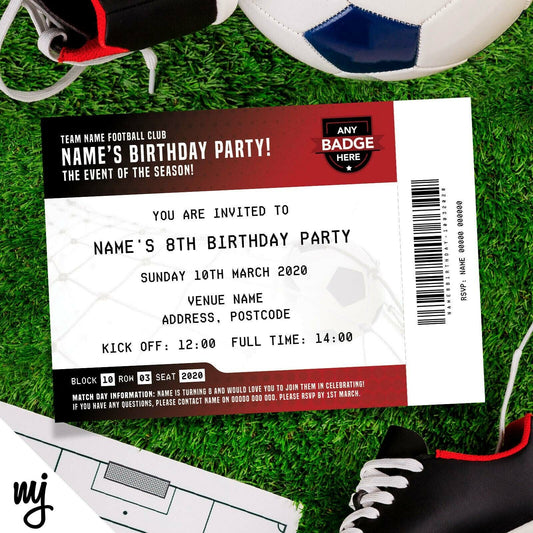 Personalised Red & Black Football Ticket Style Invitations | Kids/adults