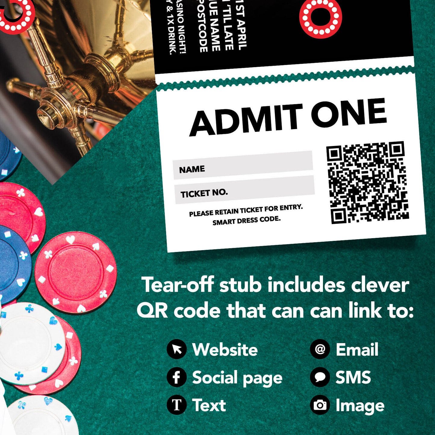 Custom Casino Poker Betting Night Event Ticket Printing | Perforated Stubs 01