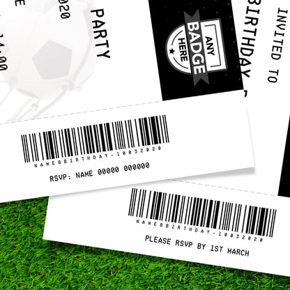 Personalised Black & White Football Ticket Style Invitations | Kids/adults