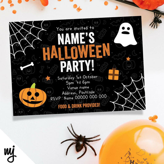 Personalised Kids Cute Halloween Style Invitations | Ghost Spiders Cobwebs