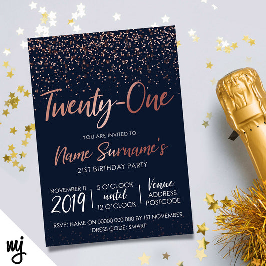 Personalised 21st Birthday Party Invitations | Navy Rose Gold Glitter