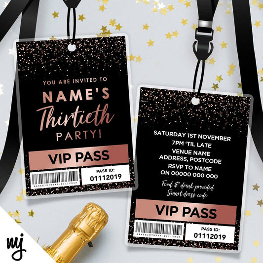 30th Birthday Vip Passes & Lanyards | Black Rose Gold Glitter