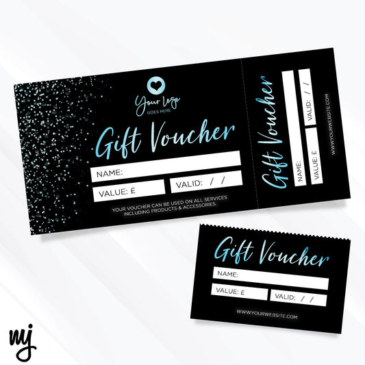 Custom Printed Gift Vouchers | Perforated | Black Blue Glitter Style Design