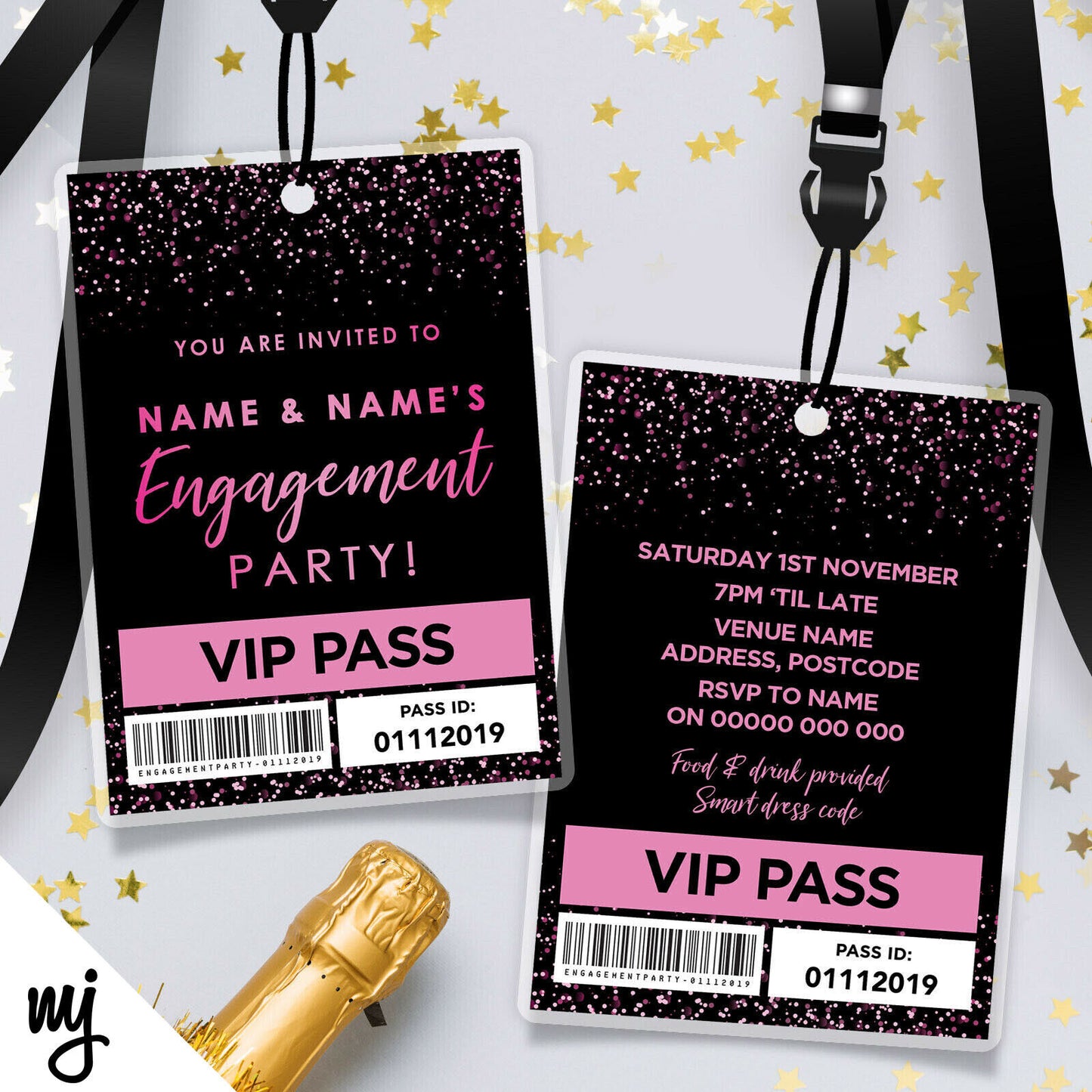 Engagement Vip Passes & Lanyards | Black Pink Glitter