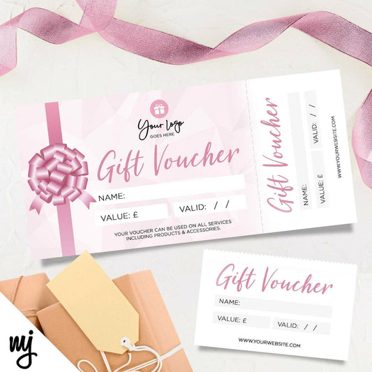 Custom Printed Gift Vouchers | Perforated | Pink Glitter Generic Bow Present 01