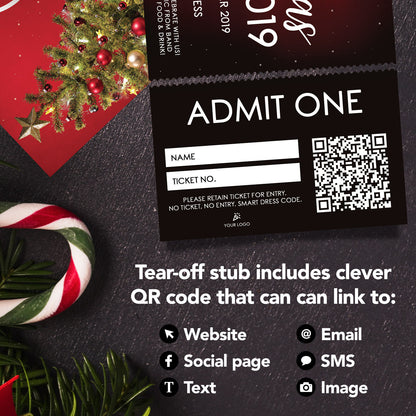 Custom Christmas Party Event Ticket Printing | Perforated Stubs | Red Black Tree