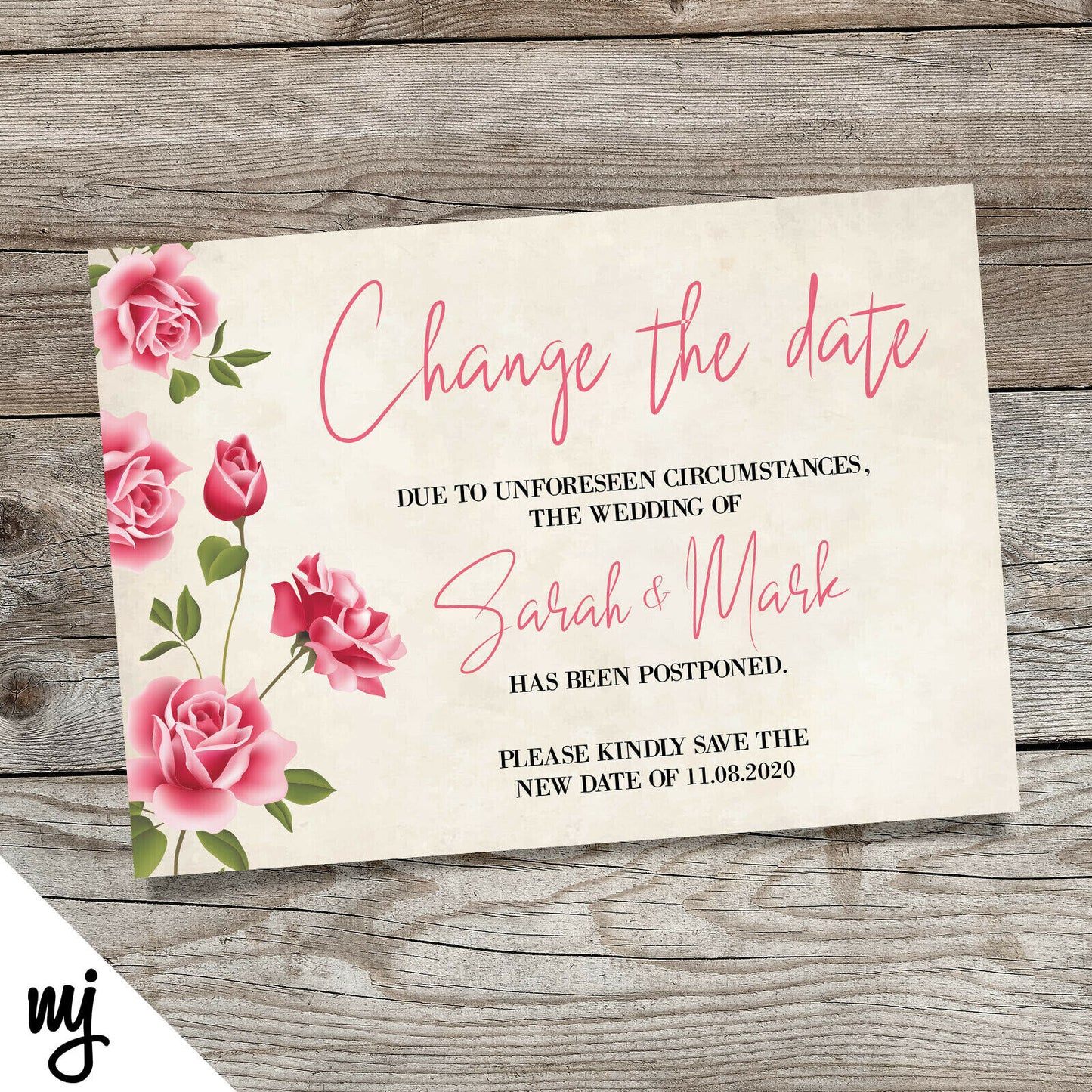 Personalised Wedding Change The Date Postponed Cards | Rustic Red Rose Roses 3