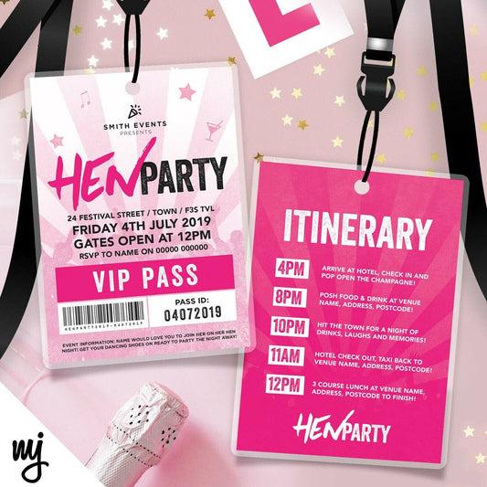 Personalised Hen Night Party Festival Style Vip Passes Lanyards Invitation Games
