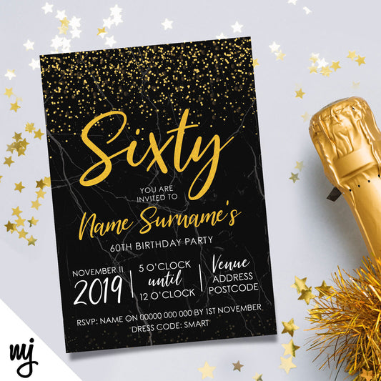 Personalised 60th Birthday Party Invitations | Black Marble Gold Glitter Style