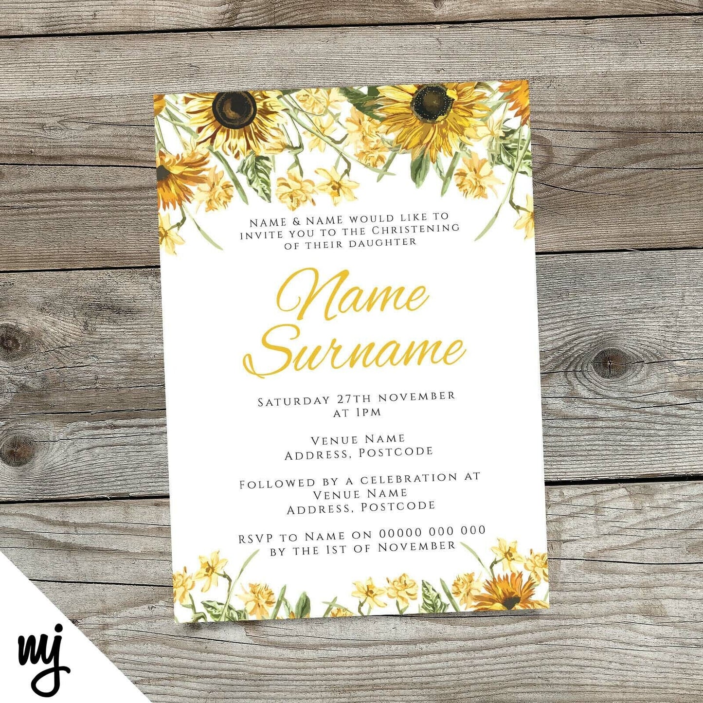 Personalised Sunflower Style Christening/baptism Invitations Invites | Yellow 01