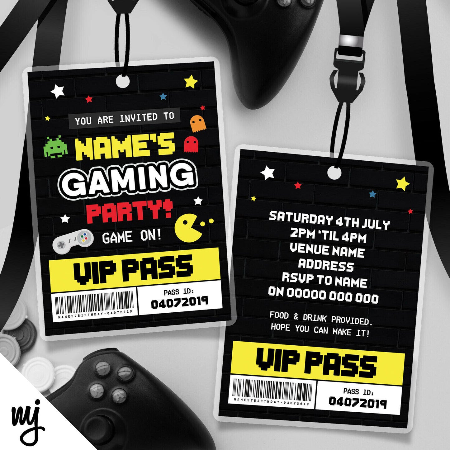 Personalised Retro Arcade Gaming Style Vip Passes Lanyards Party Invitations