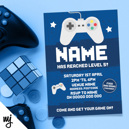 Personalised Gaming Controller Party Invitations | Blue Game Gamer Battle