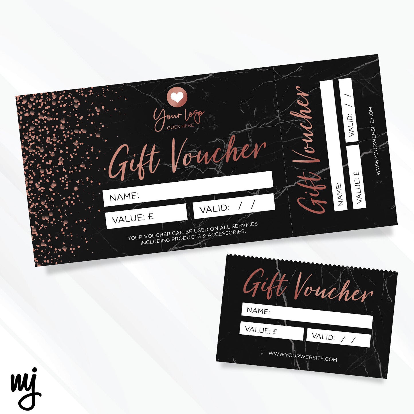 Custom Printed Gift Vouchers | Perforated | Black Marble Rose Gold Modern