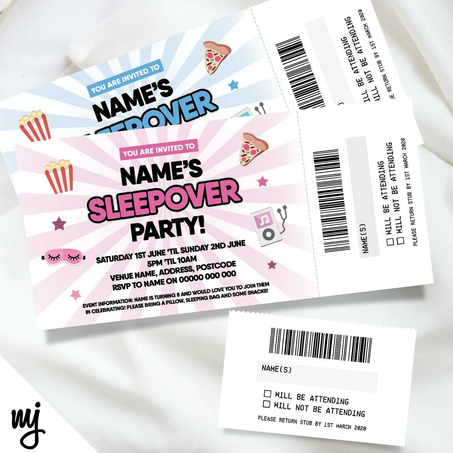 Personalised Sleepover Slumber Party Ticket Style Invitations | Perforated Stubs