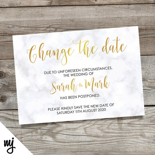 Personalised Wedding Change The Date Postponed Cards | Modern Gold Marble 6