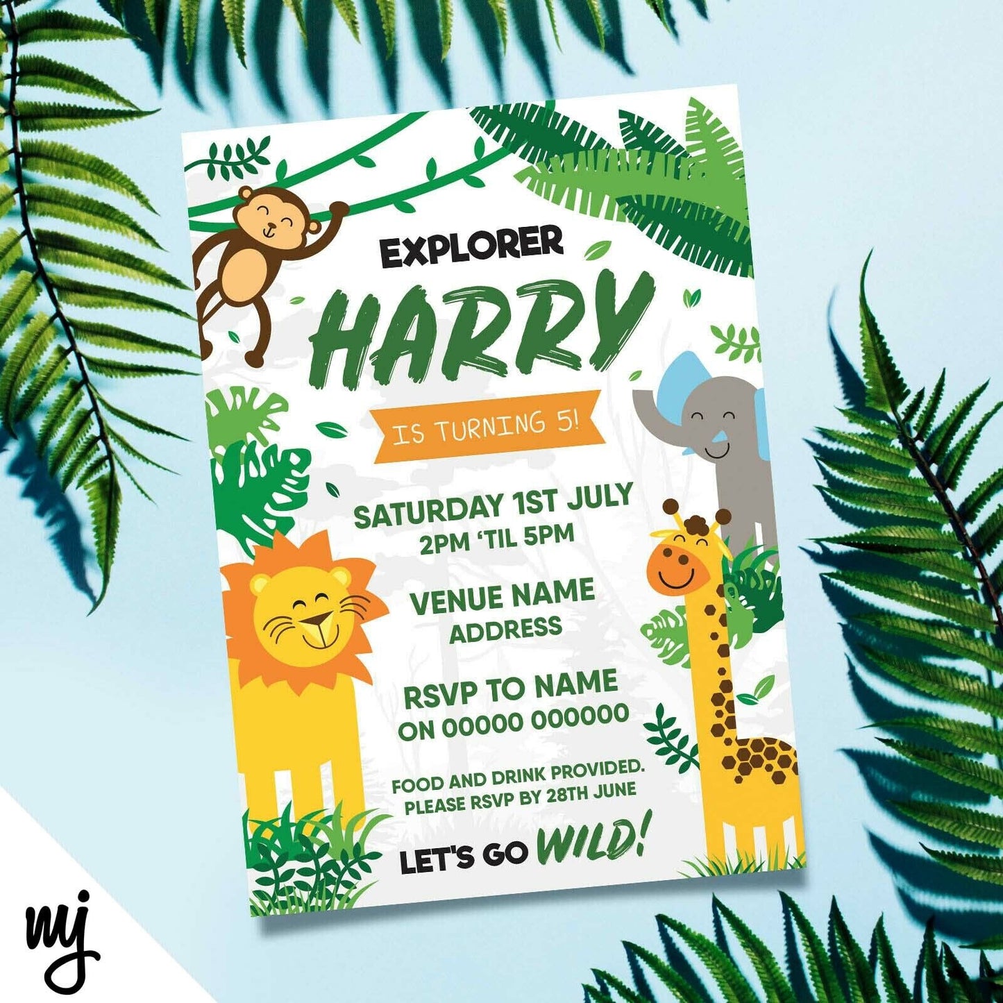 Personalised Jungle Animals Kids Birthday Party Invitations & Thank You Cards