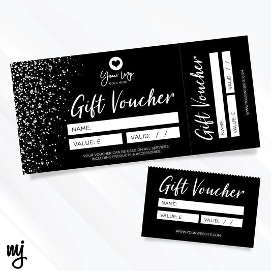 Custom Printed Gift Vouchers | Perforated | Black White Glitter Style Design