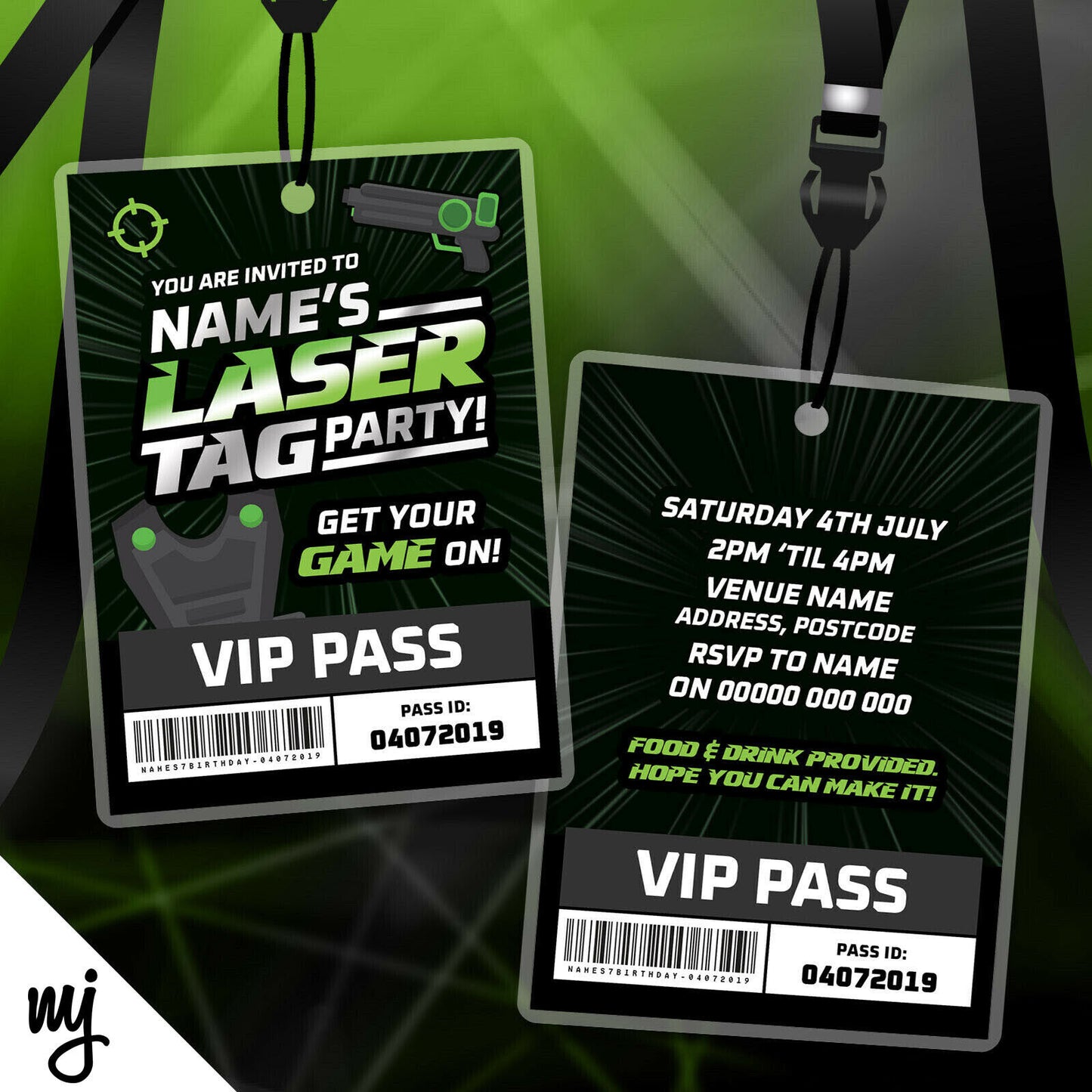 Personalised Laser Tag Party Style Vip Passes Lanyards Invitations Battle Pass